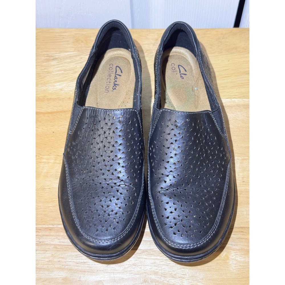 Clarks Collection Black Leather Perforated Slip On Loafers Womens 7.5 M 26164785